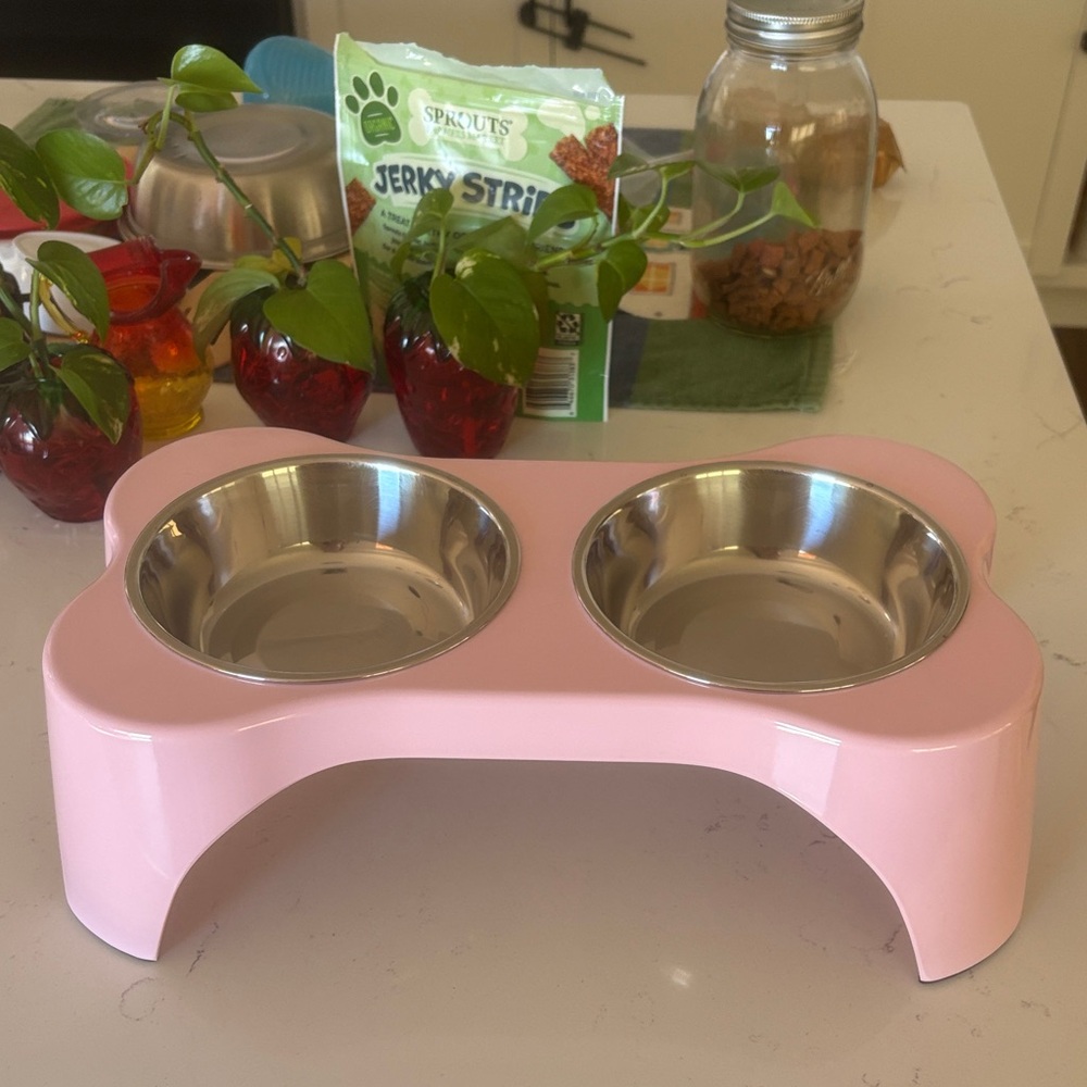 Pink Pet Bowl Stand with stainless steel bowls